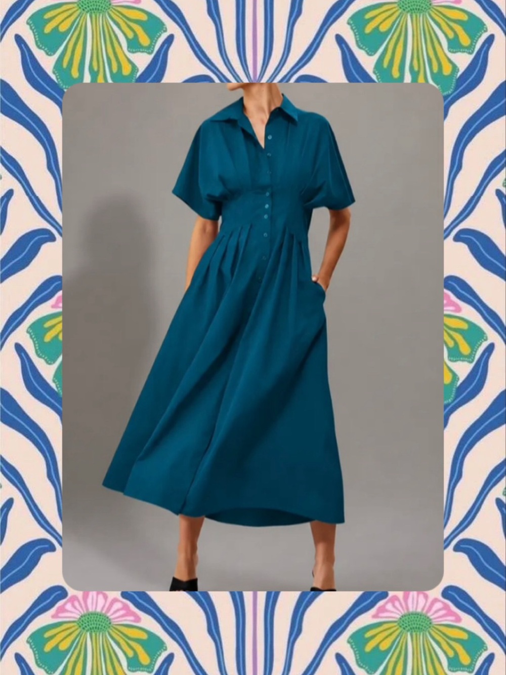 Yeokou Teal Button-Front Collared Midi Dress XS